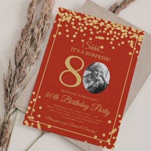 SURPRISE Photo 80th Birthday Gold Confetti Red Invitation