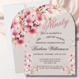 SURPRISE Pink Floral Arch Elegant 90th Birthday Invitation