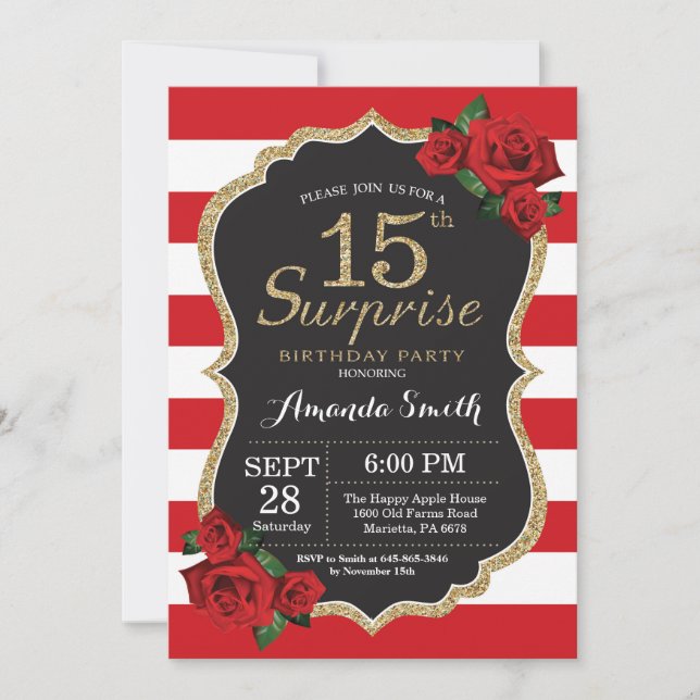 Surprise Red Rose 15th Birthday Invitation Gold (Front)