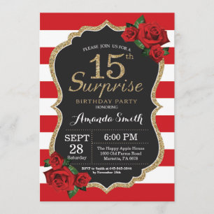Surprise Red Rose 15th Birthday Invitation Gold