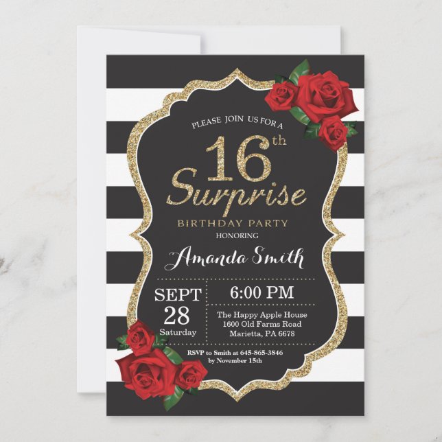 Surprise Red Rose 16th Birthday Invitation Gold (Front)