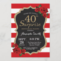 Surprise Red Rose 40th Birthday Invitation Gold
