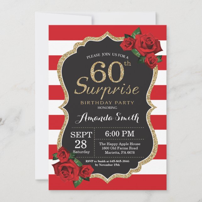 Surprise Red Rose 60th Birthday Invitation Gold (Front)