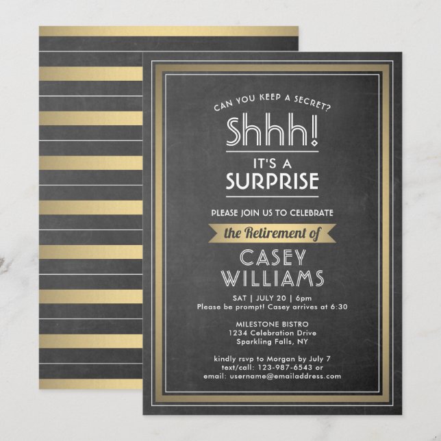 Surprise Retirement Party Black Chalkboard & Gold Invitation (Front/Back)