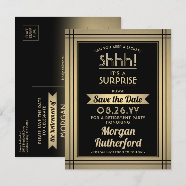 Surprise Retirement Party Black Gold Save the Date Announcement Postcard (Front/Back)