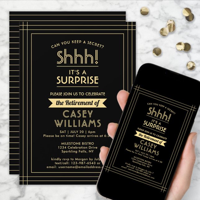 Surprise Retirement Party Elegant Black and Gold Invitation (Creator Uploaded)