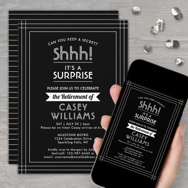 Surprise Retirement Party Elegant Black and White Invitation (Creator Uploaded)