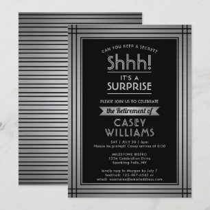 Surprise Retirement Party Elegant Black Silver Invitation