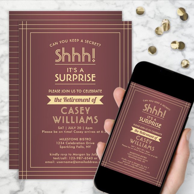Surprise Retirement Party Elegant Burgundy & Gold Invitation (Creator Uploaded)