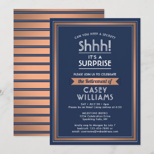 Surprise Retirement Party Elegant Navy Blue Copper Invitation