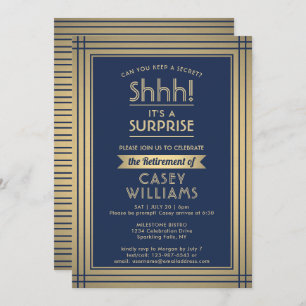 Surprise Retirement Party Elegant Navy Blue Gold Invitation