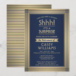Surprise Retirement Party Elegant Navy Blue & Gold Invitation