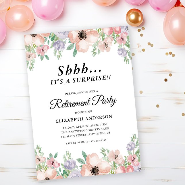 Surprise Retirement Party Elegant Pastel Flowers Invitation (Creator Uploaded)