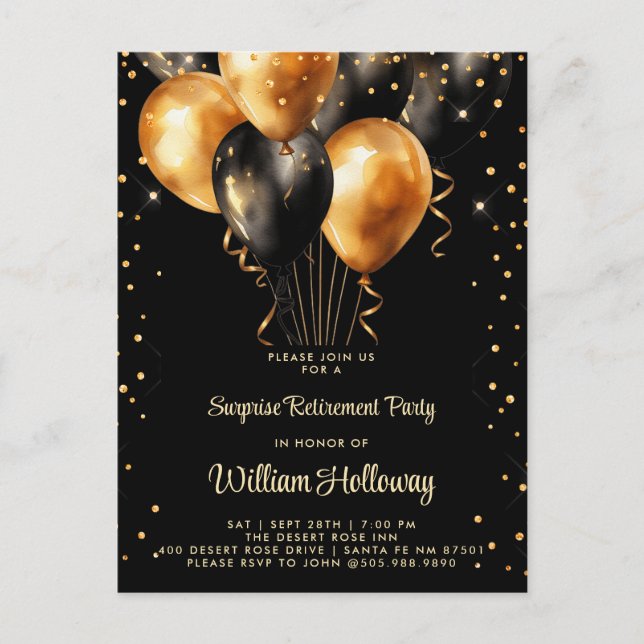 Surprise Retirement Party Gold Black Balloons  Postcard (Front)