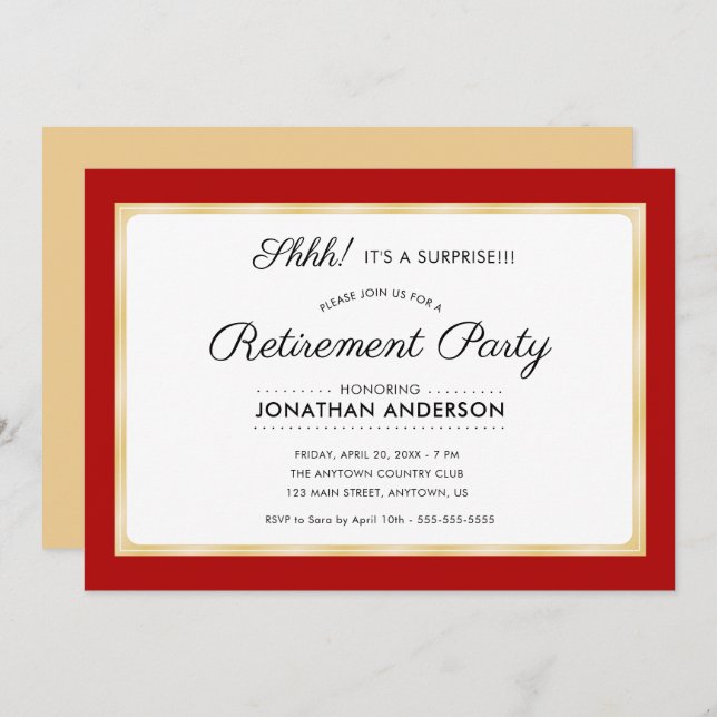 Surprise Retirement Party Horizontal Red & Gold Invitation (Front/Back)