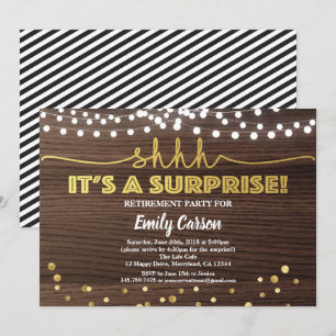 Surprise retirement party invitation wood and gold