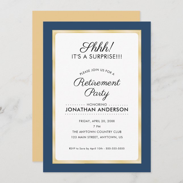Surprise Retirement Party | Navy Blue and Gold Invitation (Front/Back)
