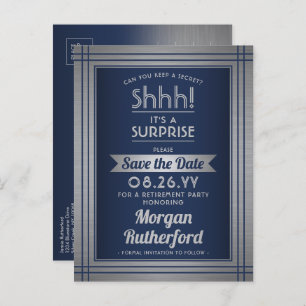 Surprise Retirement Party Navy Blue Save the Date Announcement Postcard