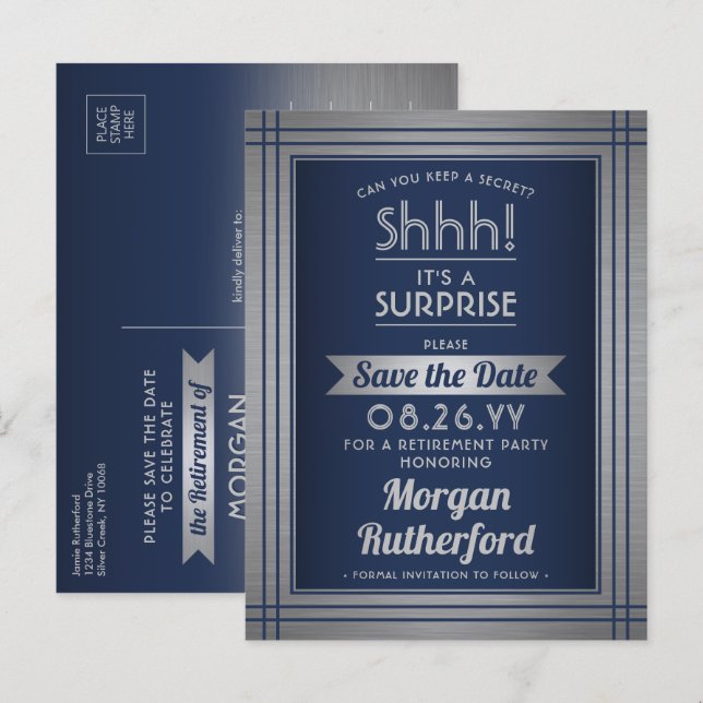 Surprise Retirement Party Navy Blue Save the Date Announcement Postcard (Front/Back)