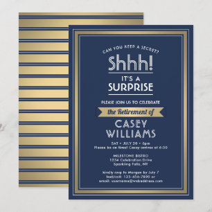 Surprise Retirement Party Navy Blue White Gold Invitation