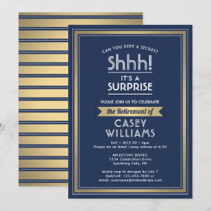 Surprise Retirement Party Navy Blue White Gold Invitation