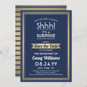 Surprise Retirement Party Navy Blue White Gold Save The Date