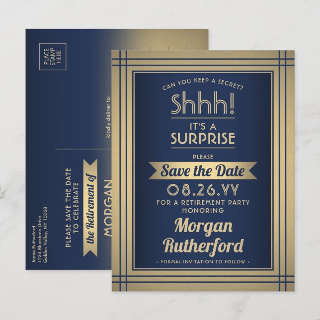 Surprise Retirement Party Navy Gold Save the Date Announcement Postcard (Front/Back)