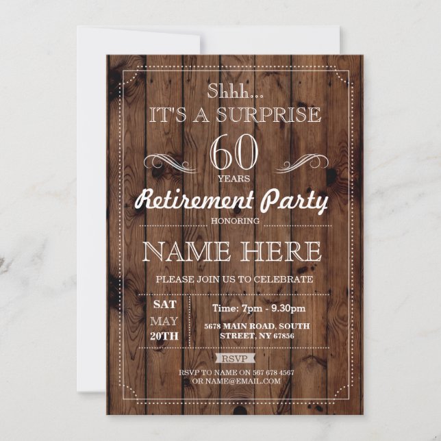 SURPRISE Retirement Party Rustic Wood Years Invite (Front)