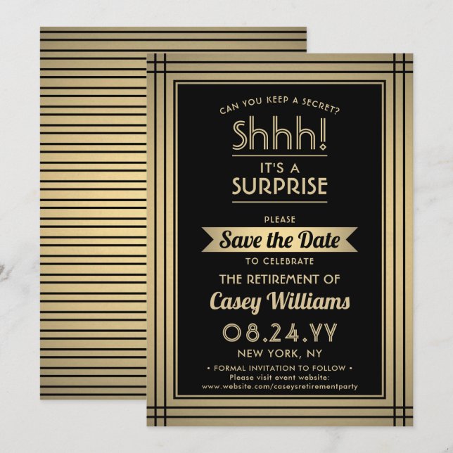 Surprise Retirement Party Shhh! Elegant Black Gold Save The Date (Front/Back)