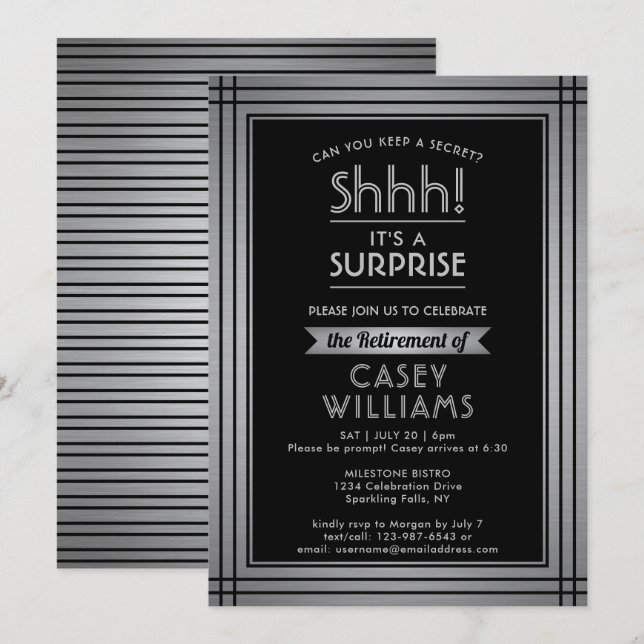 Surprise Retirement Party Shhh! Elegant Black Invitation (Front/Back)
