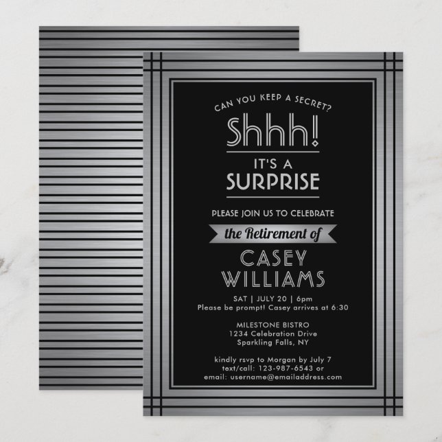 Surprise Retirement Party Shhh! Elegant Black Invitation (Front/Back)