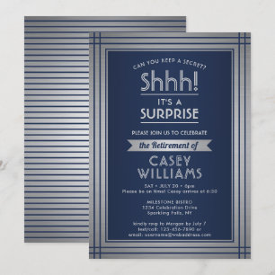 Surprise Retirement Party Shhh! Elegant Navy Blue Invitation