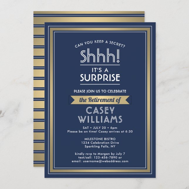 Surprise Retirement Party Shhh! Navy Blue & Gold Invitation (Front/Back)