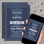 Surprise Retirement Party Shhh! Navy Blue & White Save The Date<br><div class="desc">Can you keep a secret? Invite colleagues, coworkers, family and friends to an elegant and exciting surprise retirement celebration with custom navy blue and white save the date party invitations. All wording on this template is simple to personalise, including message that reads "Shhh! It's a SURPRISE." The design features a...</div>