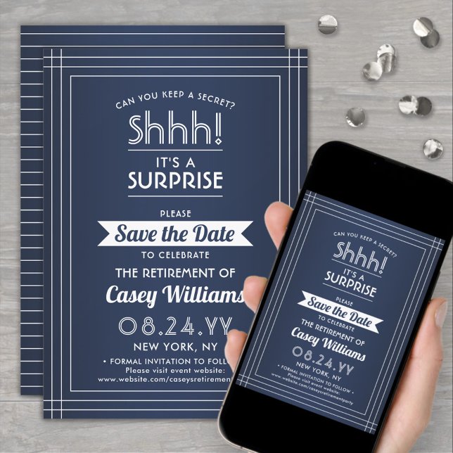 Surprise Retirement Party Shhh! Navy Blue & White Save The Date (Creator Uploaded)