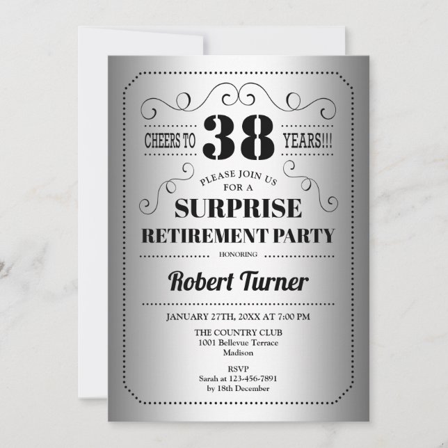 Surprise Retirement Party - Silver Black Invitation (Front)