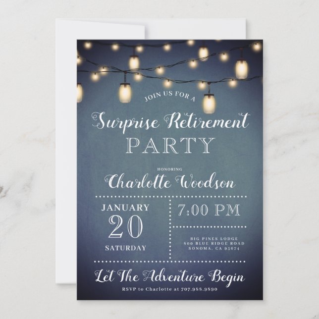 Surprise Retirement Party String Lights Blue Invitation (Front)