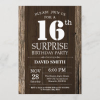 Surprise Rustic 16th Birthday Invitation Vintage