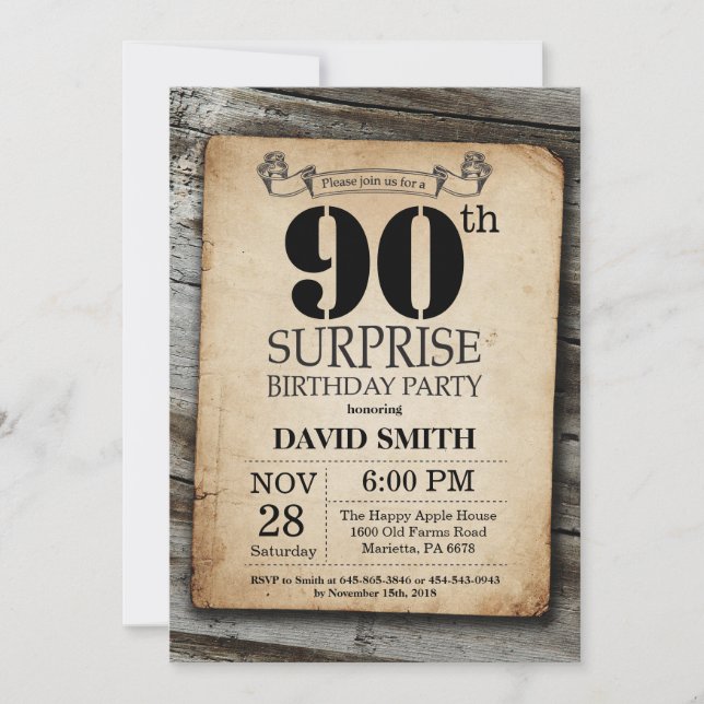Surprise Rustic 90th Birthday Invitation Vintage (Front)
