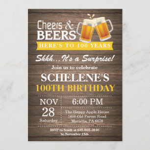 Surprise Rustic Cheers and Beers 100th Birthday Invitation