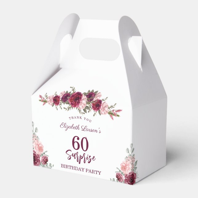 Surprise Senior Birthday Party Floral Burgundy Favour Box (Front Side)