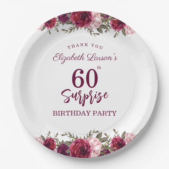 Surprise Senior Birthday Party Floral Burgundy Paper Plate (Front)