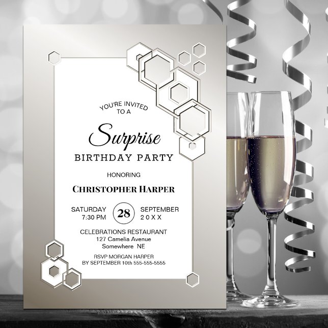 Surprise Silver Geometric Birthday Party Invitation (Creator Uploaded)