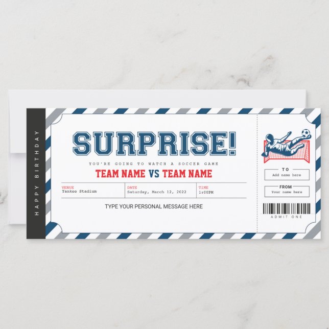 Surprise Soccer Football Game Personalised Ticket (Front)