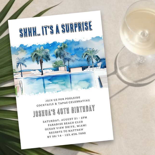 Surprise Summer Party Any Age Adult Pool Birthday Invitation (Surprise Birthday Party with watercolor landscape of tropical pool - editable for any age)
