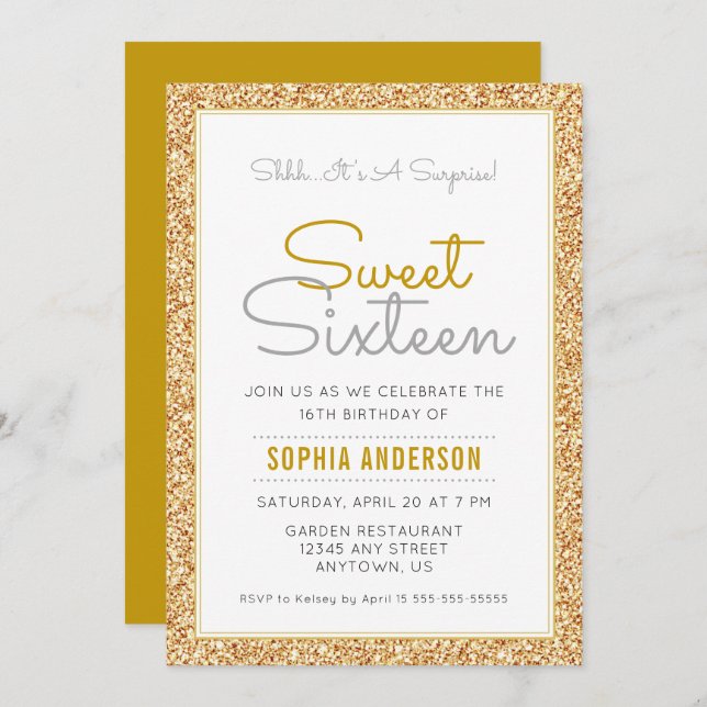 Surprise Sweet 16 Birthday Faux Gold Glitter Invitation (Front/Back)
