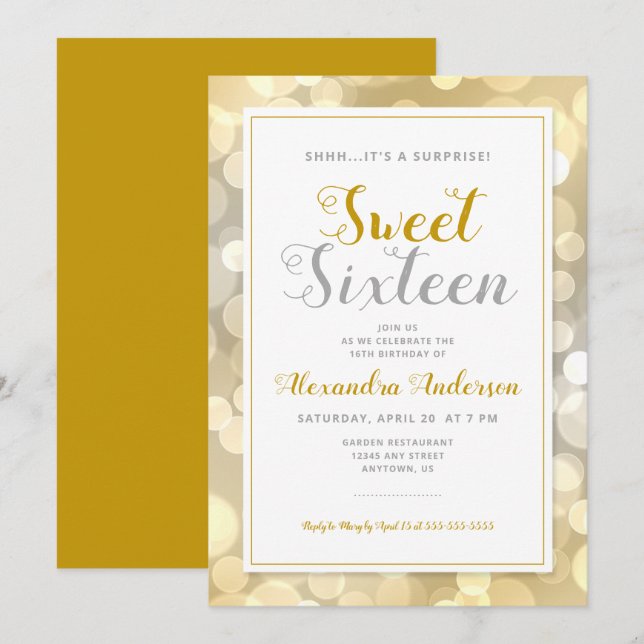 Surprise Sweet 16 Birthday Party | Gold Bokeh Invitation (Front/Back)