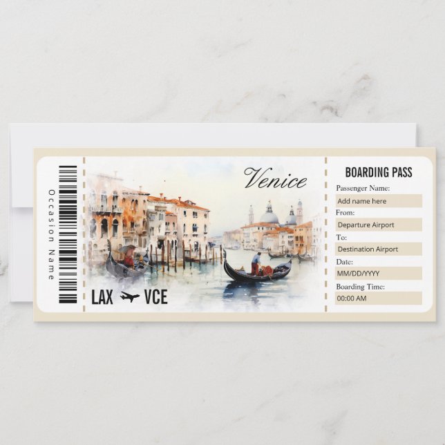Surprise Venice Boarding Pass Gift Certificate Invitation (Front)