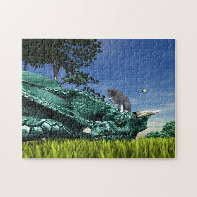 Surprise Visitor - Cute Cat on Dragon’s Head Jigsaw Puzzle (Horizontal)