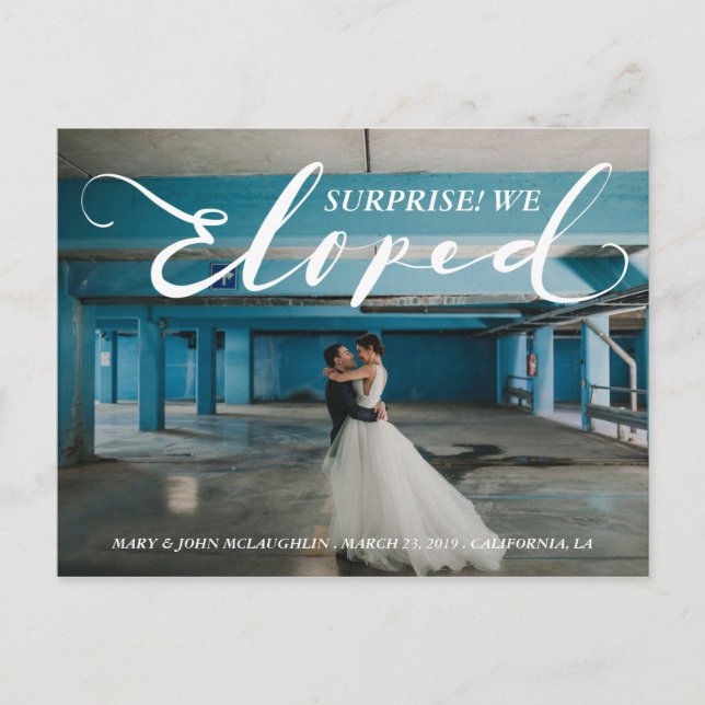 Surprise! We Eloped Newlywed Marriage Announcement Postcard (Front)